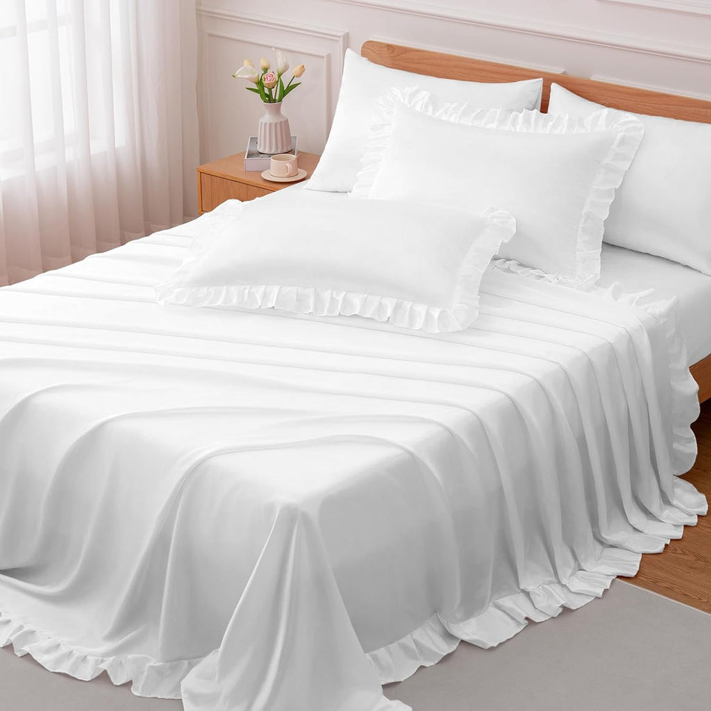 Pure White Ruffled 4-Piece Silk Bedding Set