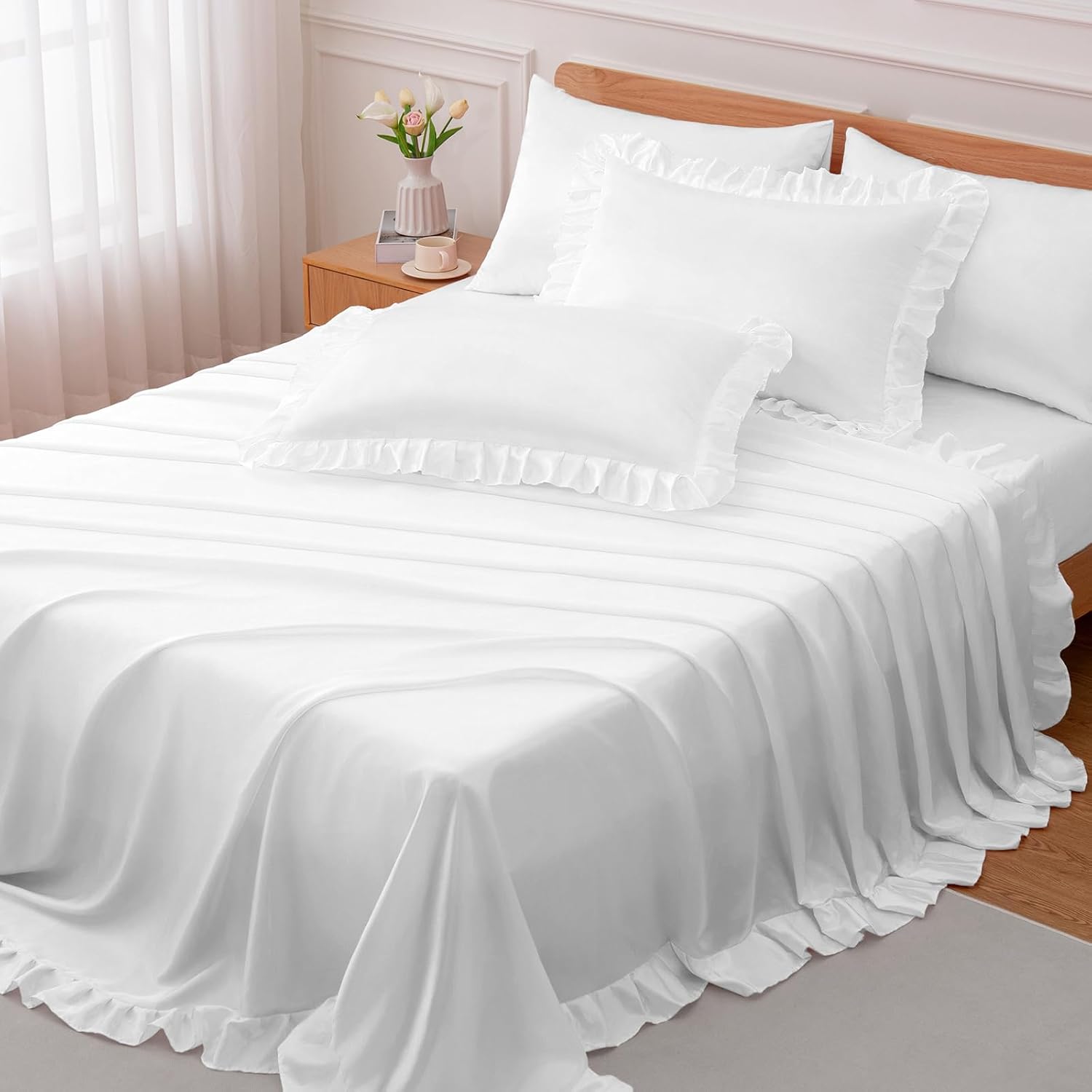 Pure White Ruffled 4-Piece Silk Bedding Set