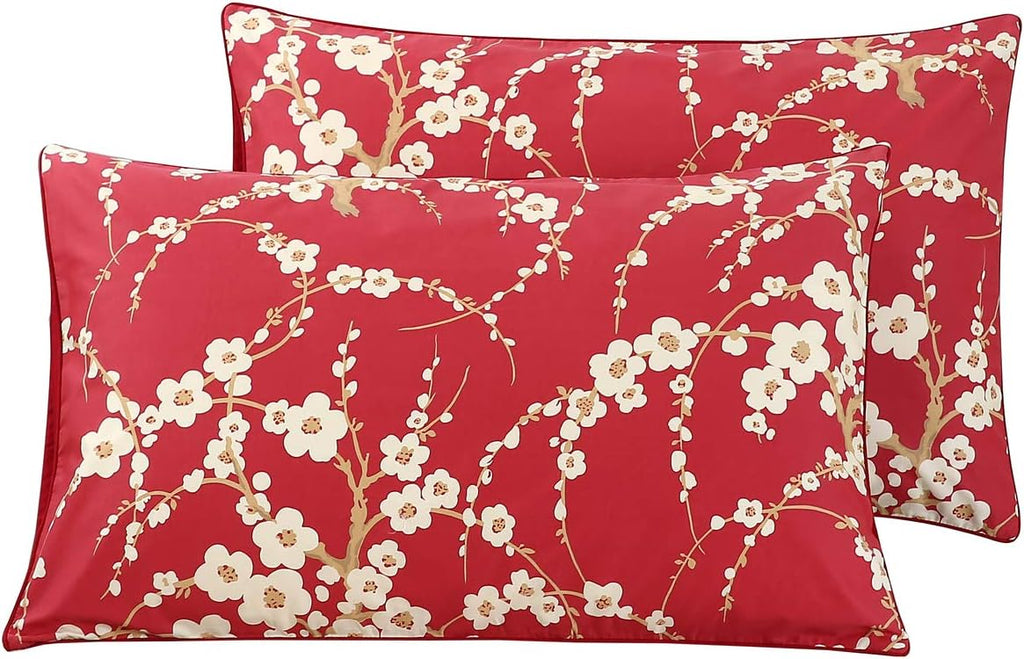 Red Plum Blossom & Beige Print Pillowcase
