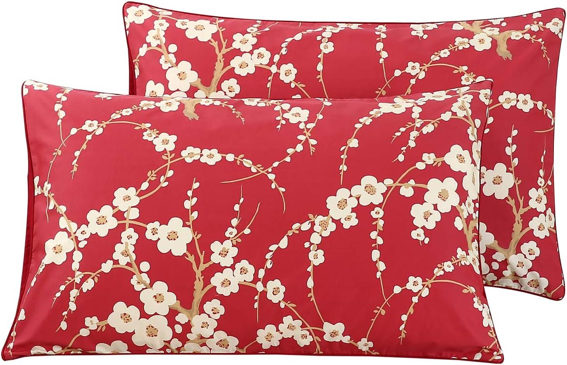 Red Plum Blossom & Beige Print Pillowcase