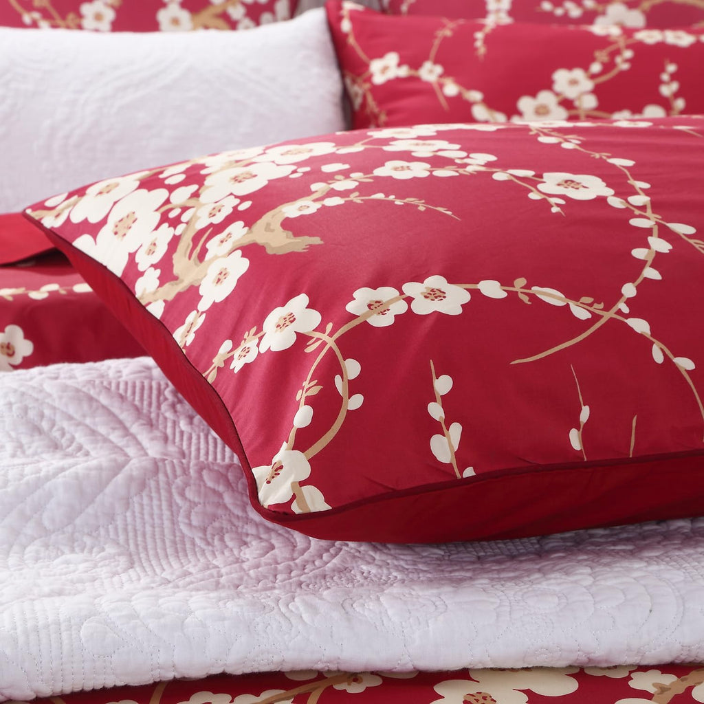 Red Plum Blossom & Beige Print Pillowcase