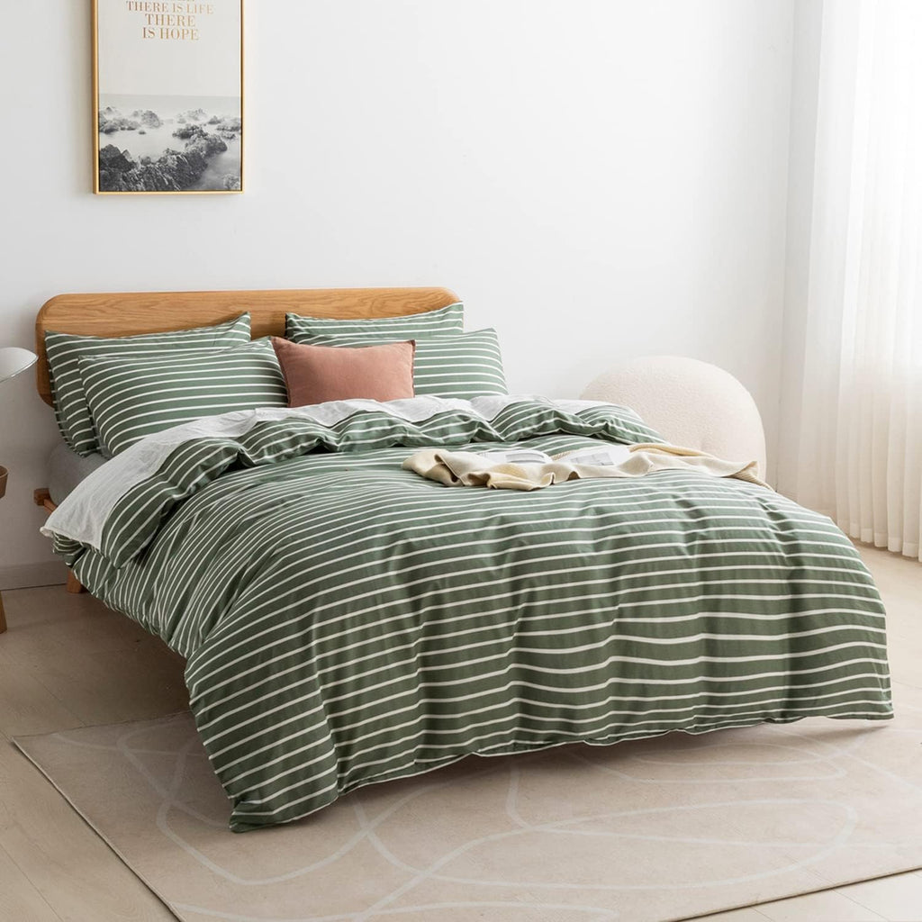 Green & White Striped Cotton Duvet Cover