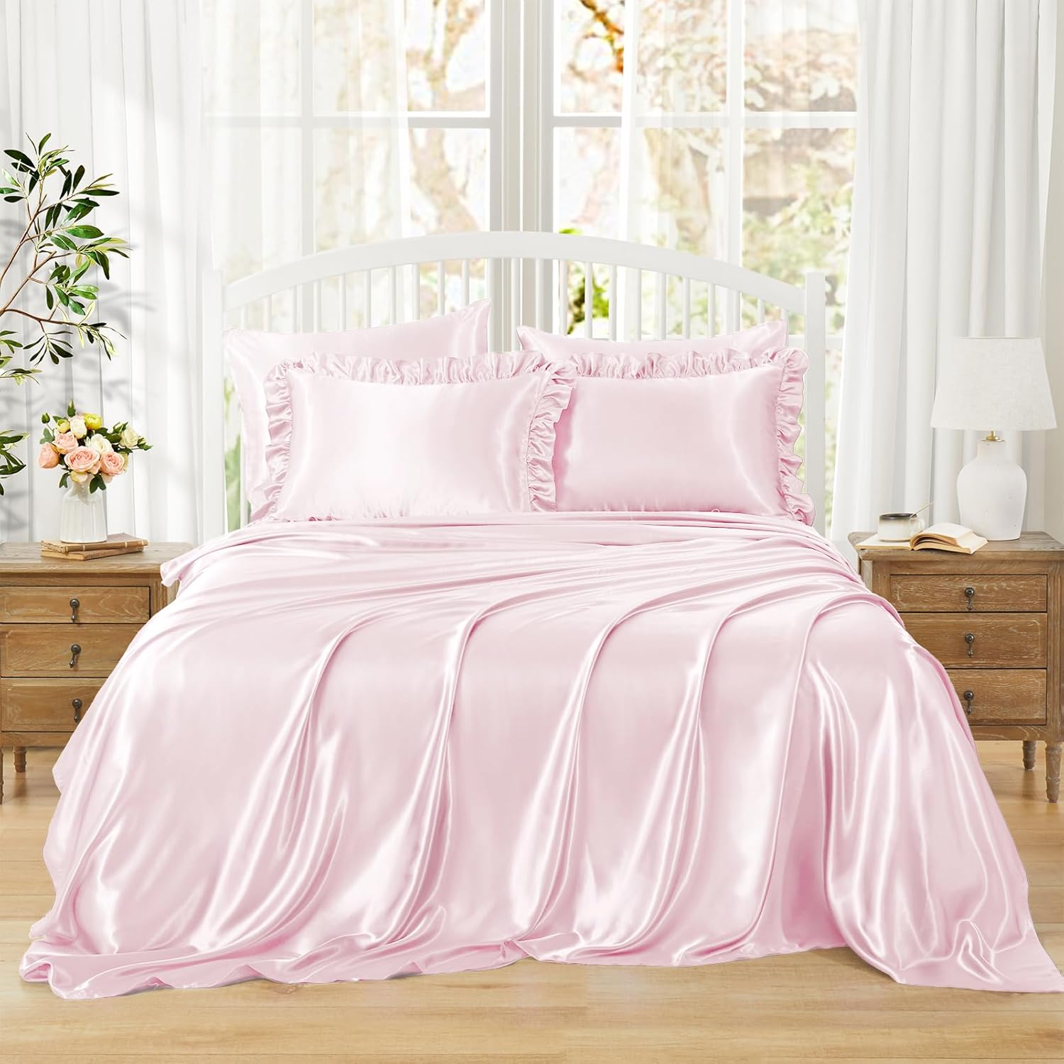 Pink Ruffled 6-Piece Silk Bedding Set