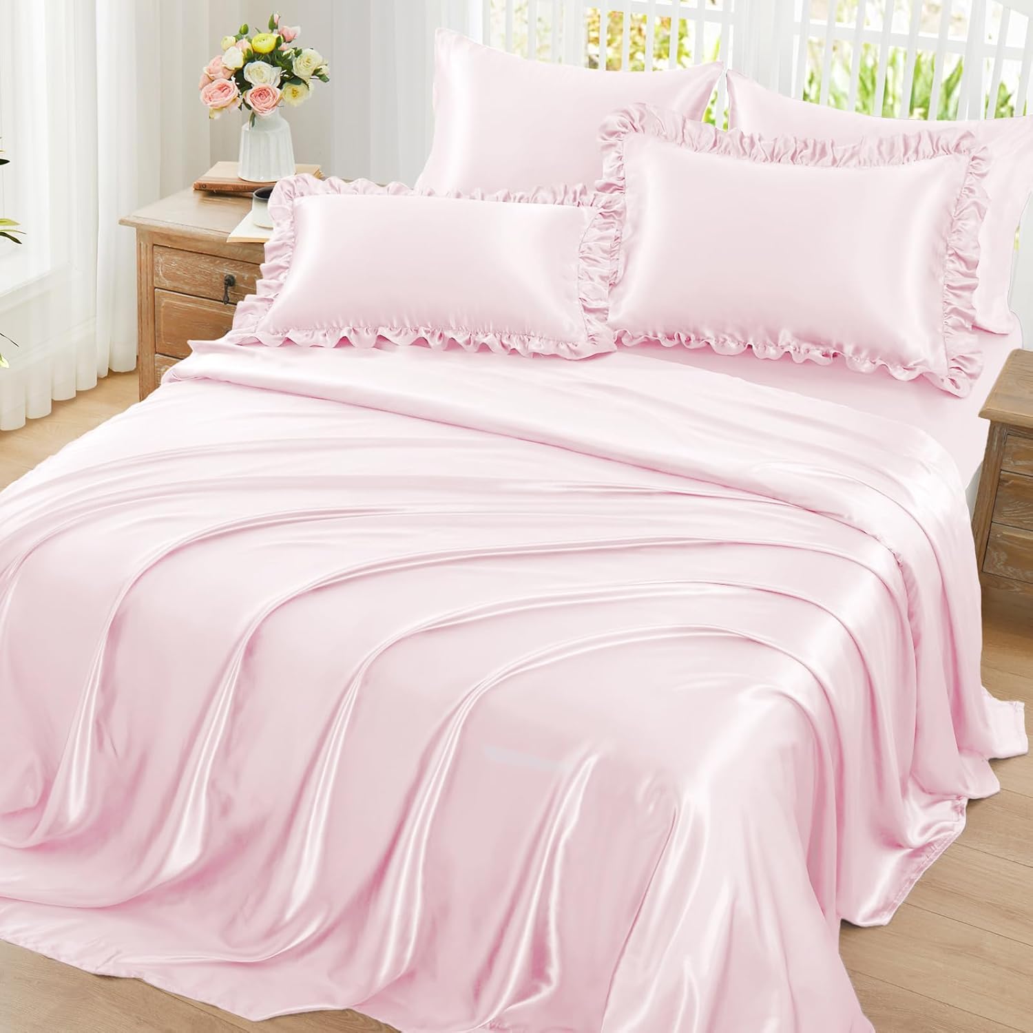 Pink Ruffled 6-Piece Silk Bedding Set