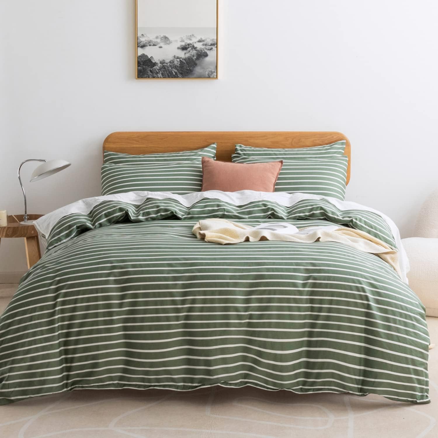 Green & White Striped Cotton Duvet Cover