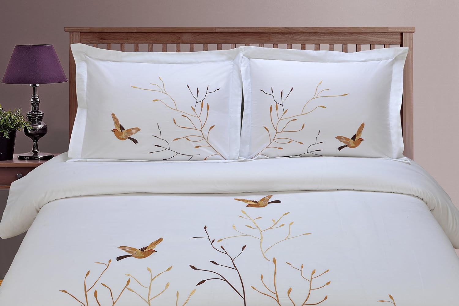Tree & Bird Embroidered Cotton Pillowcase