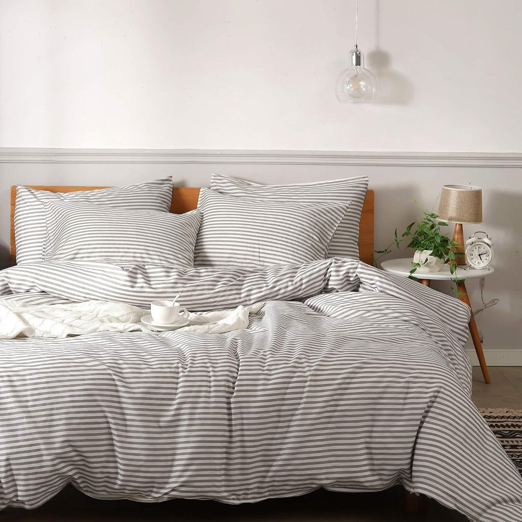 White & Grey Striped Cotton Duvet Cover