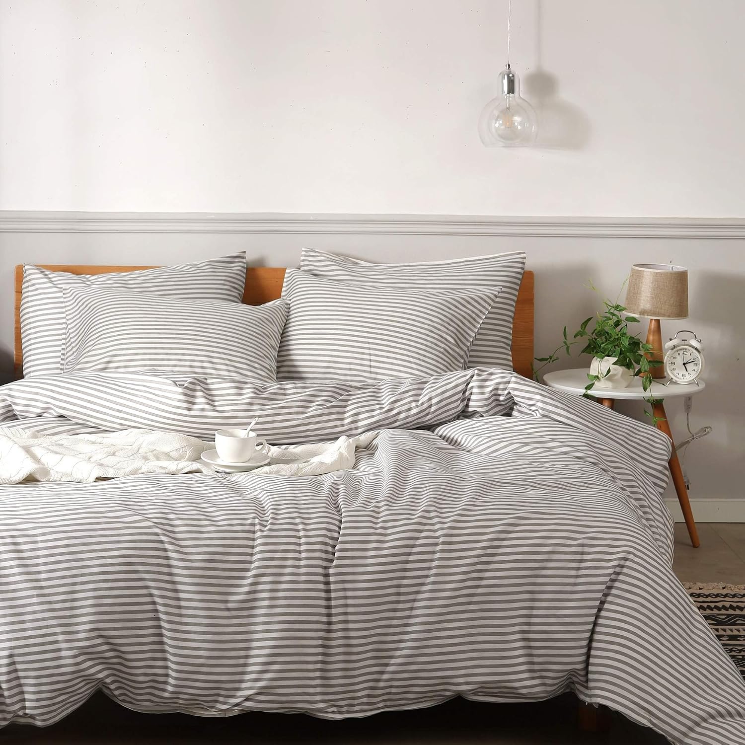 White & Grey Striped Cotton Duvet Cover
