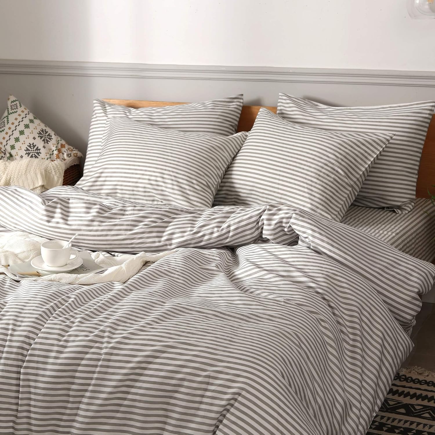 White & Grey Striped Cotton Duvet Cover