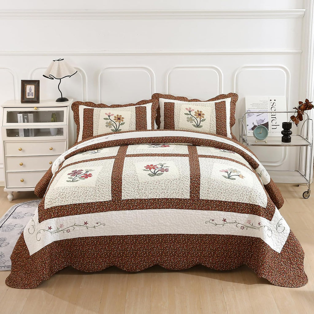 Coffee-Colored Floral Embroidered Pillowcase