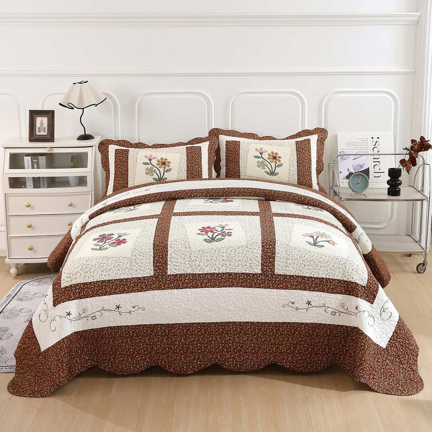Coffee-Colored Floral Embroidered Pillowcase