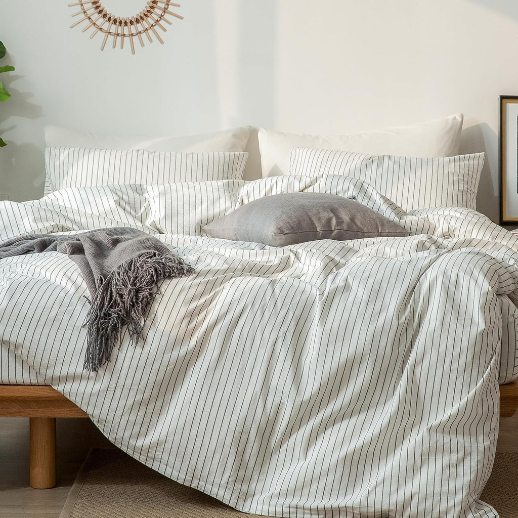 White with Dark Grey Stripes Washed Duvet Cover