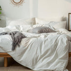 White with Dark Grey Stripes Washed Duvet Cover