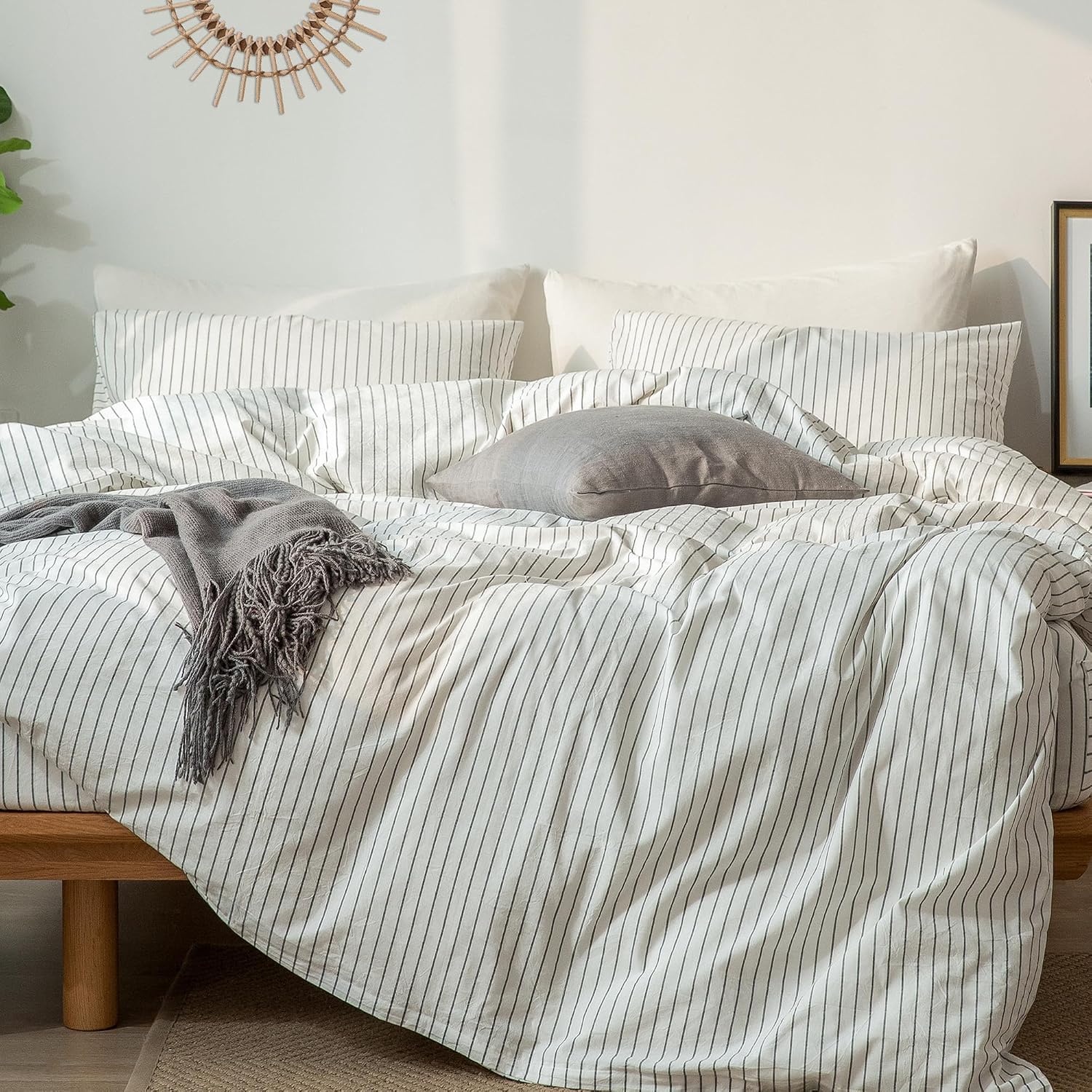 White with Dark Grey Stripes Washed Duvet Cover