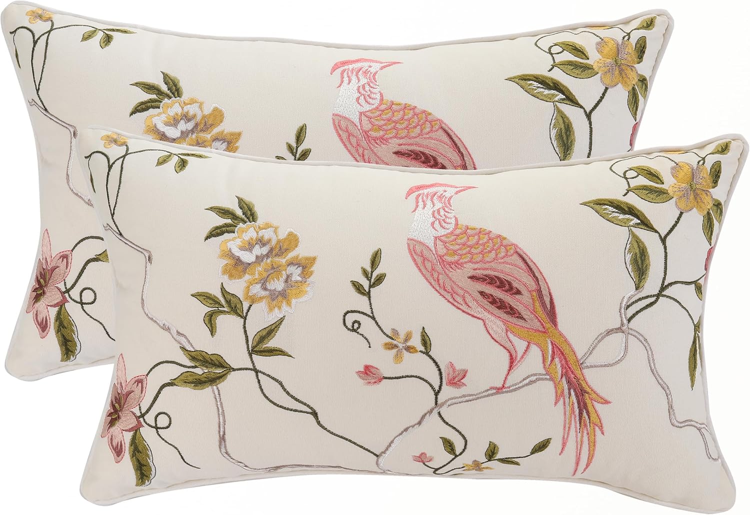 Bird & Flower Embroidered Pink Pillowcase