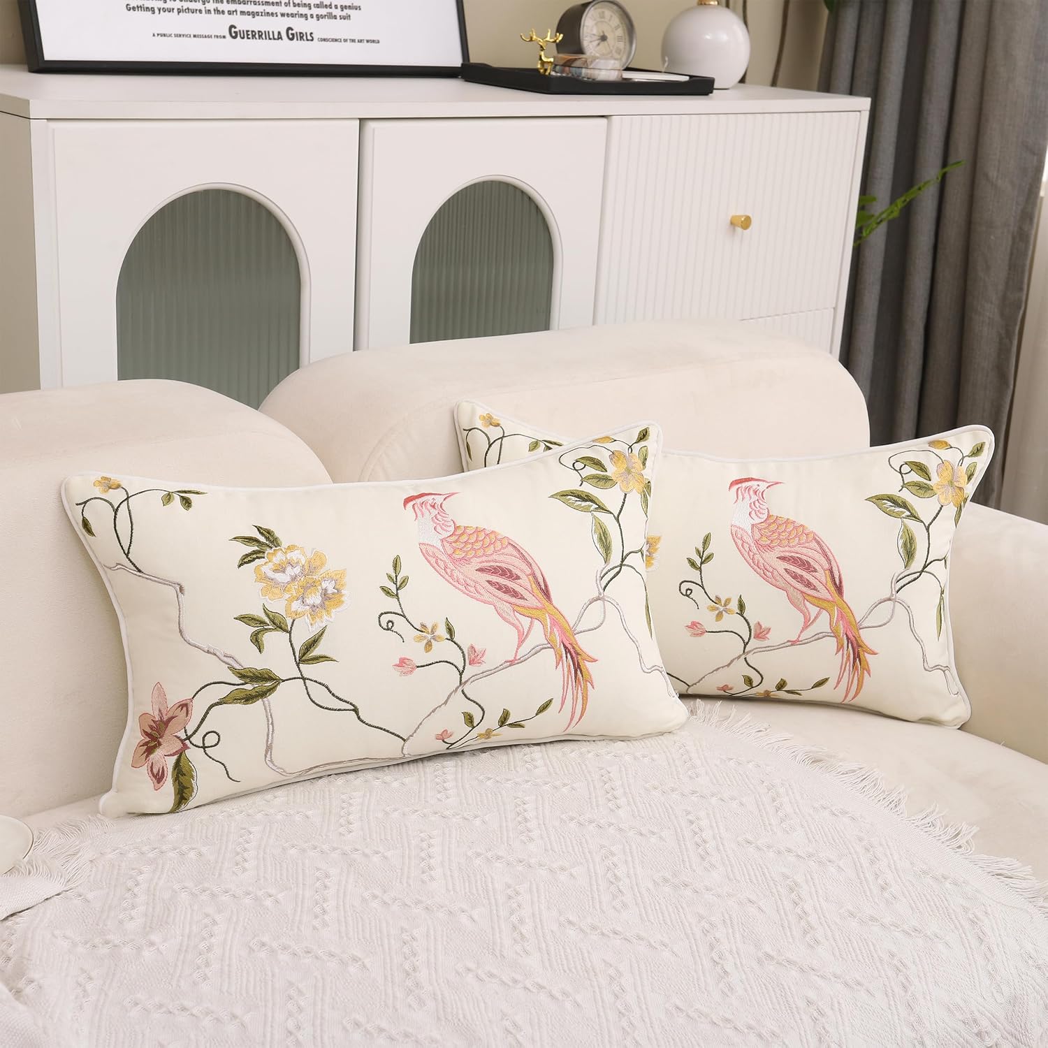 Bird & Flower Embroidered Pink Pillowcase