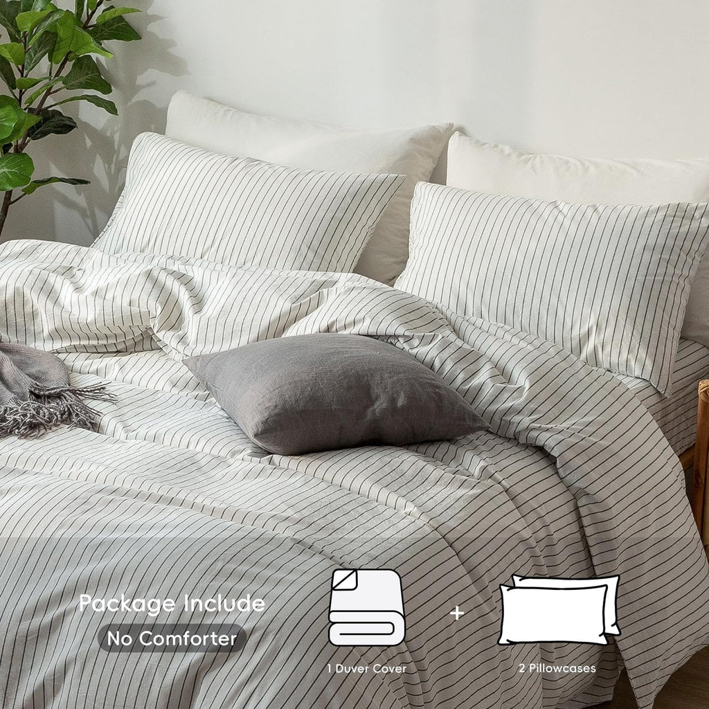 White with Dark Grey Stripes Washed Duvet Cover