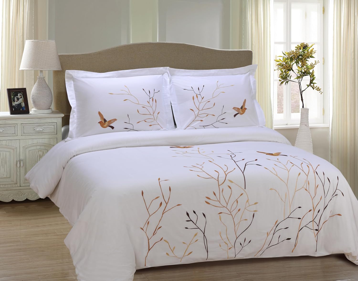 Tree & Bird Embroidered Cotton Pillowcase