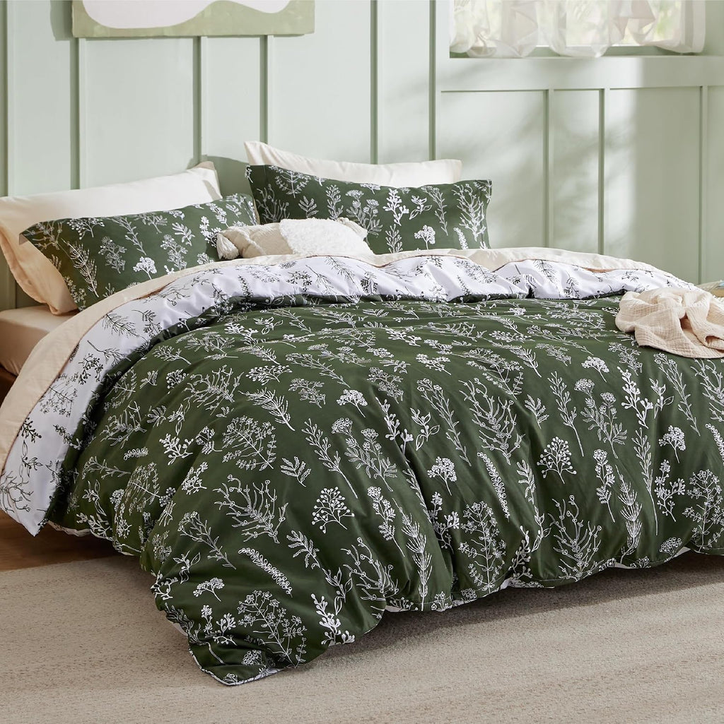 Dark Green Floral Reversible Duvet Cover