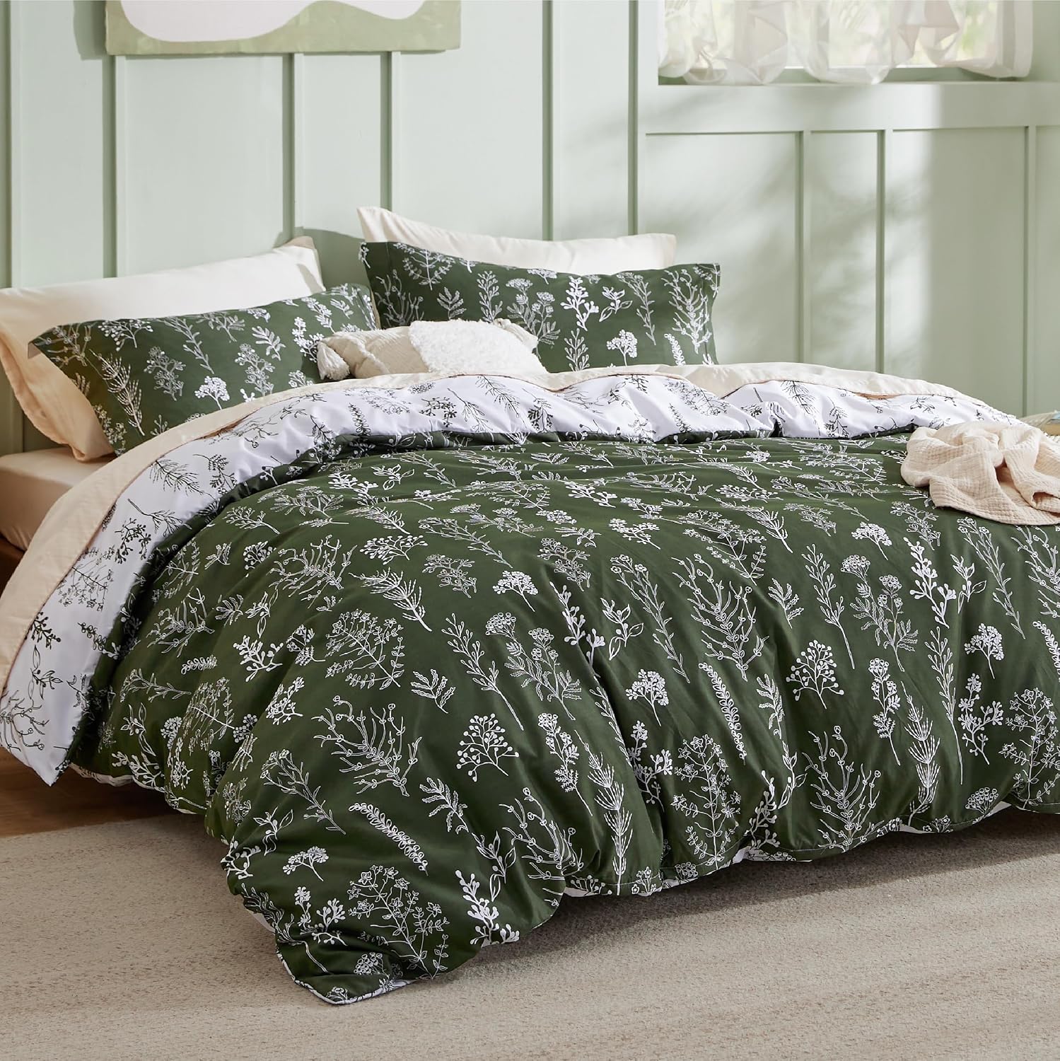 Dark Green Floral Reversible Duvet Cover