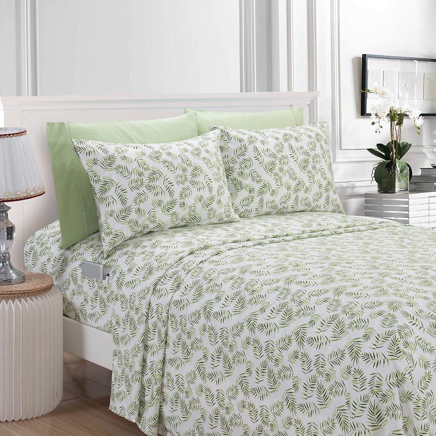 Palm Leaf Print 4-Piece Silk Bedding Set