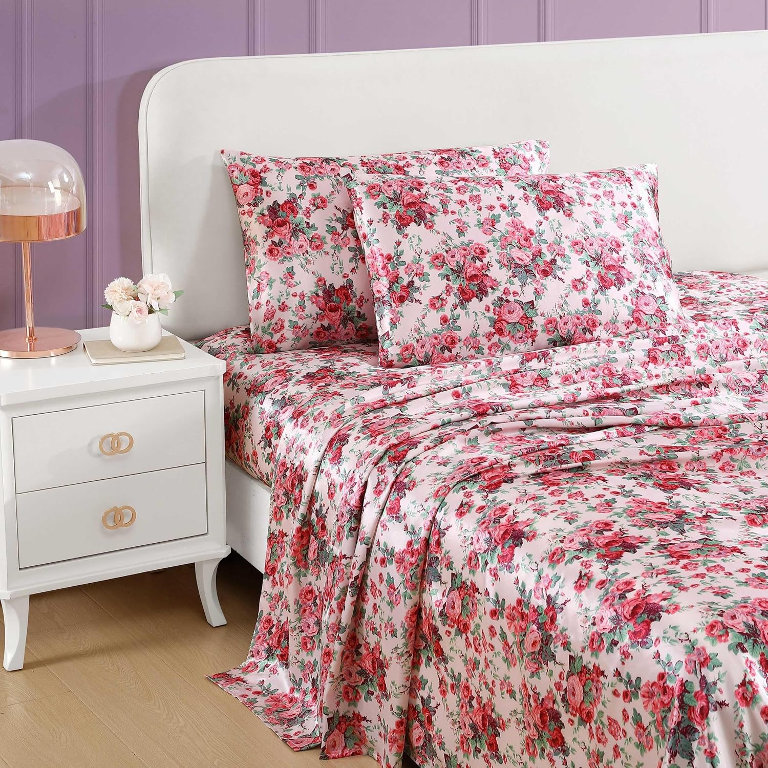 Vintage Floral Print 4-Piece Silk Bedding Set
