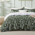 Dark Green Floral Reversible Duvet Cover