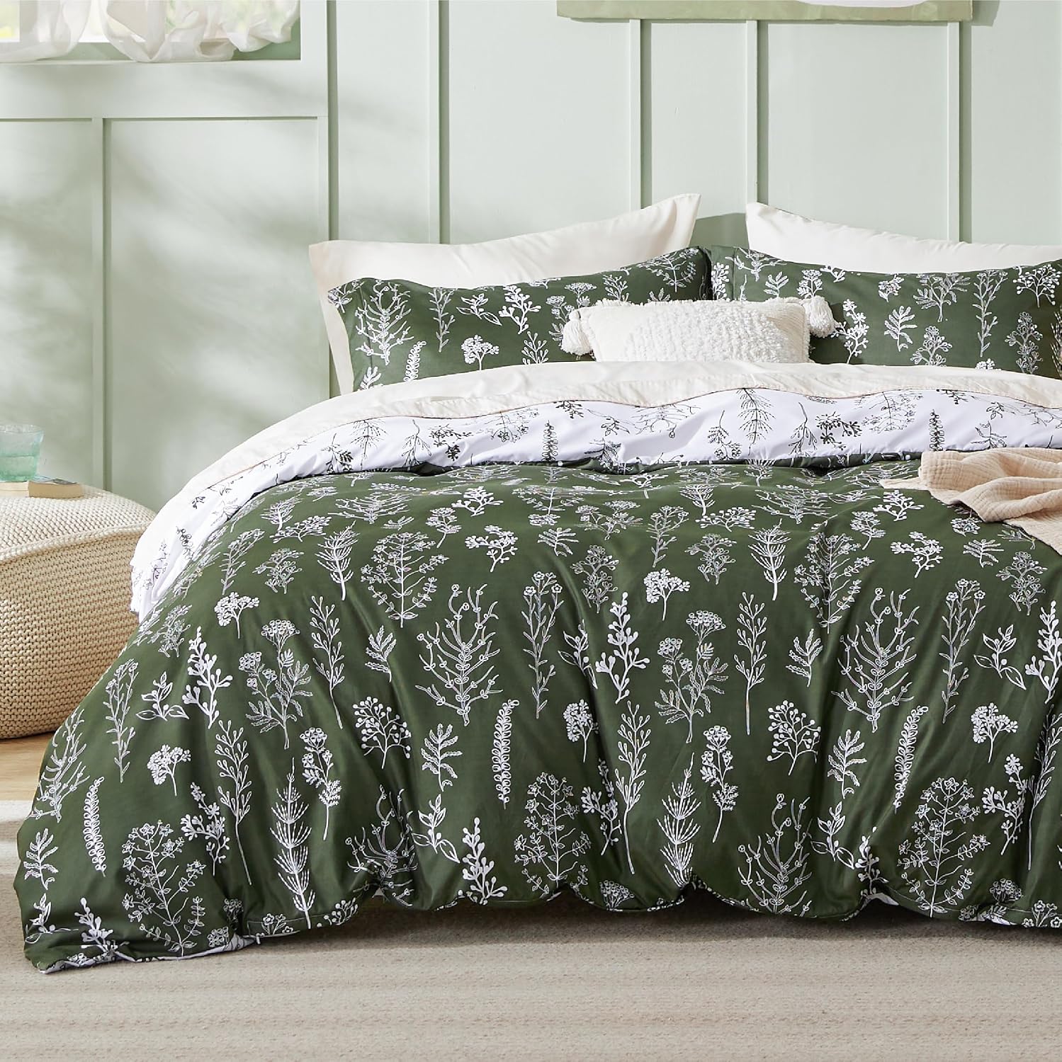 Dark Green Floral Reversible Duvet Cover